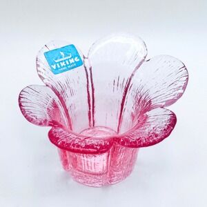 Viking Art Glass Pink 6 Petal Flower Vase Candle Holder Hand Made Sticker MCM